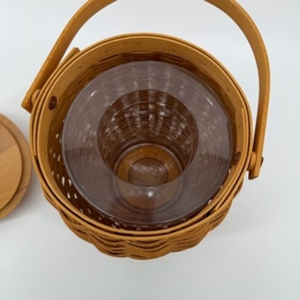 Longaberger Woodcrafts Woven Barrel Basket with Wood Lid and Metal Leaf Handle - Picture 7 of 11